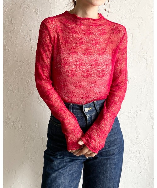She's Closet(シーズクローゼット)の「長袖 プチハイネック 花柄 シアー レーストップス(Tシャツ/カットソー・レディース・レッド/ブラウン/ブラック/アイボリー・FREE)」の19枚目の写真