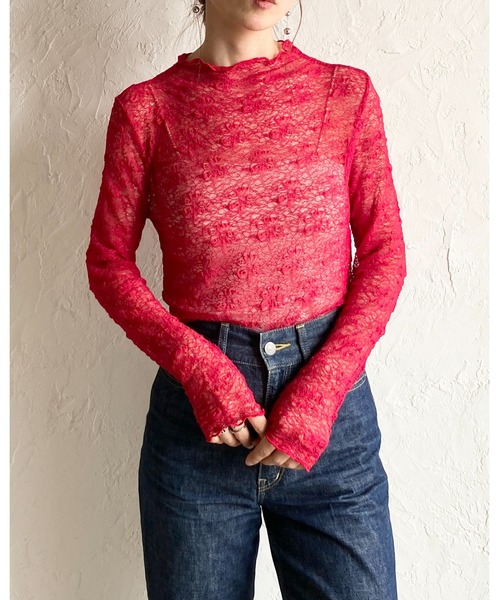 She's Closet(シーズクローゼット)の「長袖 プチハイネック 花柄 シアー レーストップス(Tシャツ/カットソー・レディース・レッド/ブラウン/ブラック/アイボリー・FREE)」の5枚目の写真