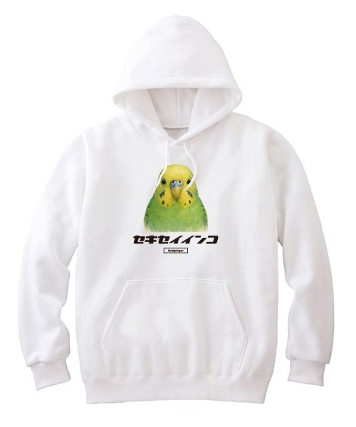 Moftique（モフティック）の「Moftique（モフティック） プルパーカー スウェット 裏毛 セキセイインコ 鳥 ペット アニマル プリント トップス メンズ ユニセックス（パーカー・メンズ・ホワイト/ブラック/ヘザーグレー・M/XL/L）」の2枚目の写真