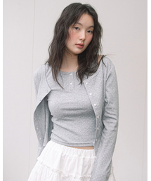 DOT CARDIGAN + HENLEY NECK SLEEVELESS SET(GREY)
