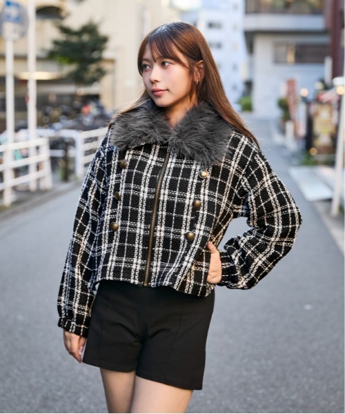 GORGE(ゴージ)の「ファー襟 ツイードジップジャケット|全2色(ブルゾン・レディース・ブラック/アイボリー・F)」の2枚目の写真
