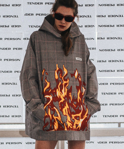 TENDER PERSON(テンダーパーソン)の「rpa508-FLAME PATTERN CHECK 男女兼用 HOODIE PETTERN FLAME PERSON_ TENDER パーカー