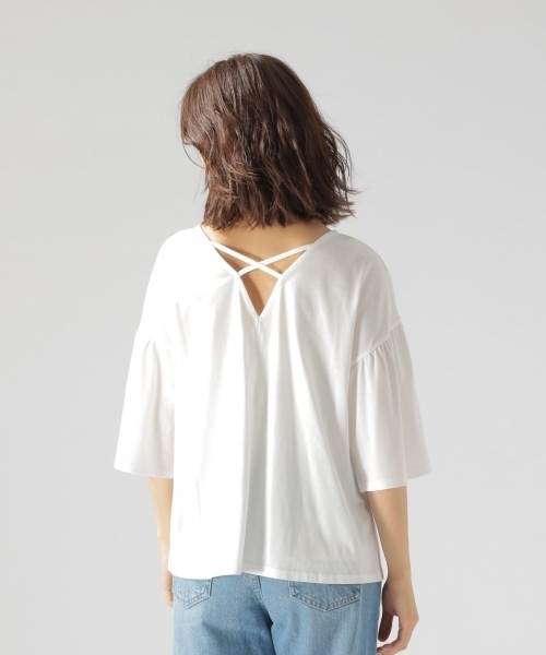 BAYFLOW（ベイフロー）の「GOOD PRICE／バッククロスフレアトップス（Tシャツ/カットソー・レディース・ブラック/オフホワイト/ピンク/ブルー・SMALL/MEDIUM）」の15枚目の写真