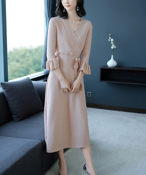 Saison De Papillon セゾンドパピヨン の カシュクールフレアニットワンピース ワンピース Wear