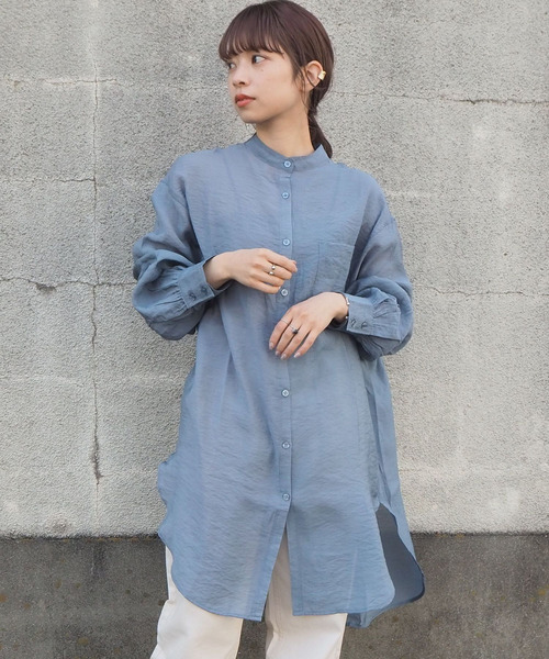 tiptop(ティップトップ)の「シアーバンドカラーシャツチュニック(シャツ/ブラウス・レディース・ブルー/オフホワイト/グリーン・FREE)」の3枚目の写真