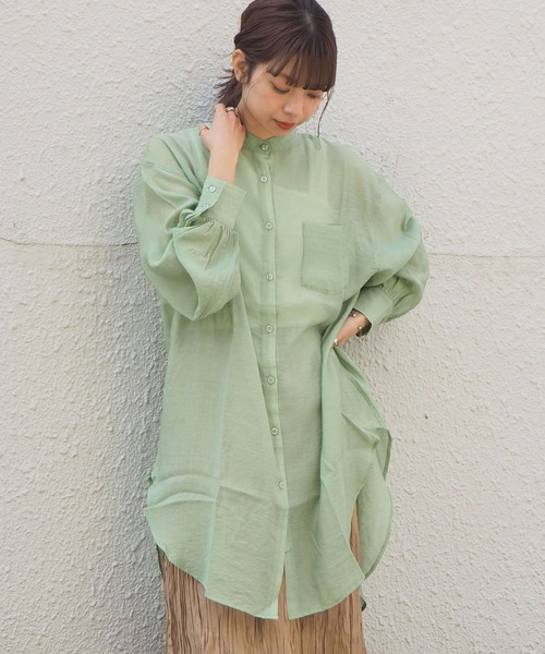 tiptop(ティップトップ)の「シアーバンドカラーシャツチュニック(シャツ/ブラウス・レディース・ブルー/オフホワイト/グリーン・FREE)」の2枚目の写真