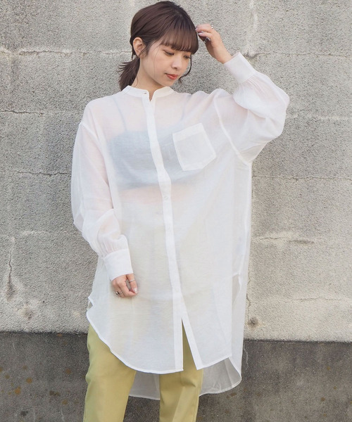 tiptop(ティップトップ)の「シアーバンドカラーシャツチュニック(シャツ/ブラウス・レディース・ブルー/オフホワイト/グリーン・FREE)」の6枚目の写真