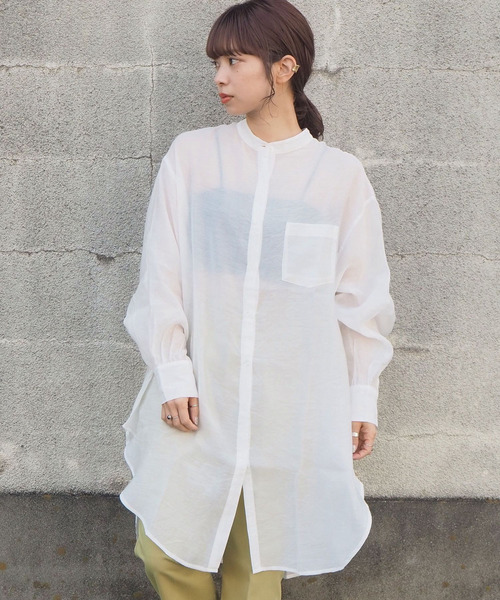 tiptop(ティップトップ)の「シアーバンドカラーシャツチュニック(シャツ/ブラウス・レディース・ブルー/オフホワイト/グリーン・FREE)」の13枚目の写真