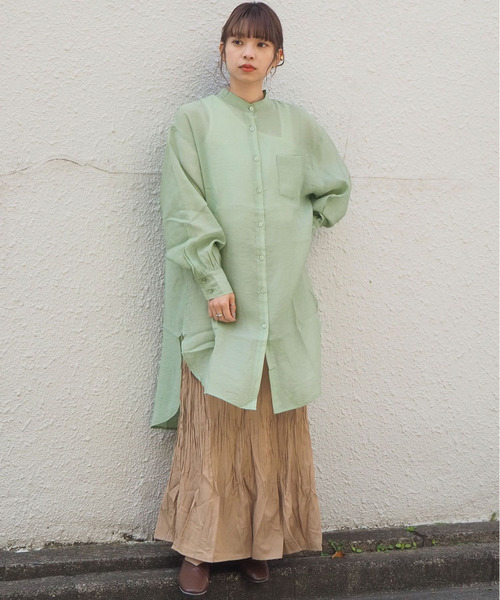 tiptop(ティップトップ)の「シアーバンドカラーシャツチュニック(シャツ/ブラウス・レディース・ブルー/オフホワイト/グリーン・FREE)」の10枚目の写真