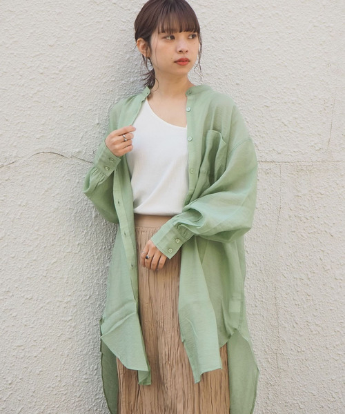tiptop(ティップトップ)の「シアーバンドカラーシャツチュニック(シャツ/ブラウス・レディース・ブルー/オフホワイト/グリーン・FREE)」の12枚目の写真