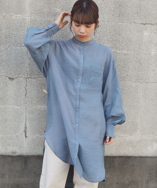 tiptop(ティップトップ)の「シアーバンドカラーシャツチュニック(シャツ/ブラウス・レディース・ブルー/オフホワイト/グリーン・FREE)」の14枚目の写真