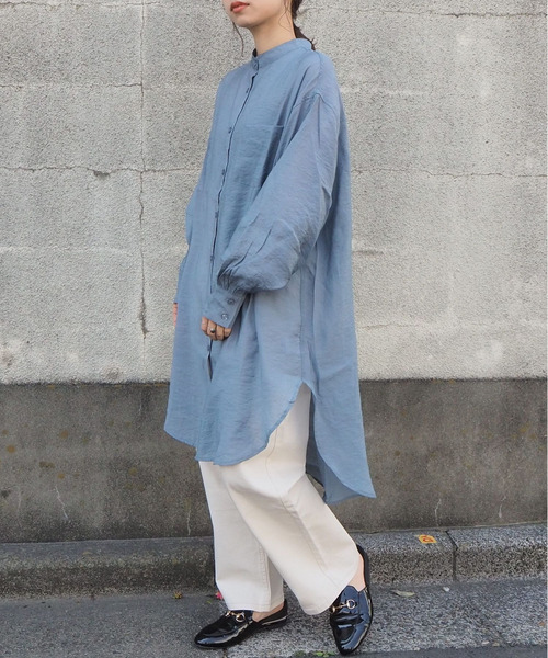 tiptop(ティップトップ)の「シアーバンドカラーシャツチュニック(シャツ/ブラウス・レディース・ブルー/オフホワイト/グリーン・FREE)」の9枚目の写真