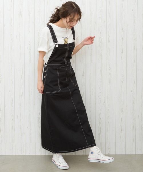 SpRay（スプレイ）の「【WEB限定】配色ステッチジャンパースカート（ワンピース・レディース・ブラック/ブルー/アイボリー/ライトカーキ・FREE）」の3枚目の写真