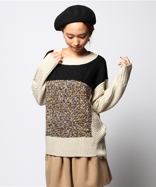 ROSE BUD(ローズバッド)の「LK-14239 BI-COLOR CABLE KNIT P/O(ニット/セーター・レディース・ネイビー/ホワイト・ONE SIZE)」の1枚目の写真
