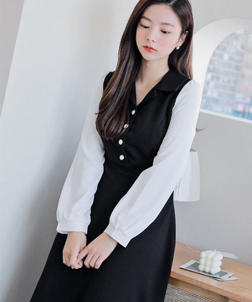 HOTPING(ホッピン)の「パールボタンフレアワンピース(ワンピース・レディース・ブラック・FREE)」の4枚目の写真