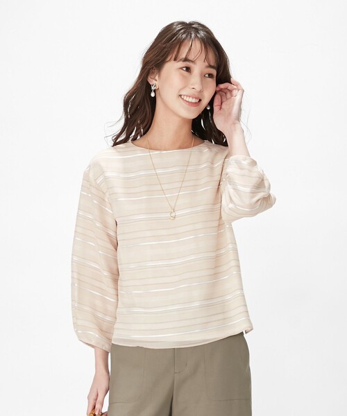 J.PRESS(ジェイプレス)の「【洗える】シャドーボーダー カットソー(Tシャツ/カットソー・レディース・スモーキーグリーン系1/黄土色系1/ホワイト系1・T15/T13)」の2枚目の写真