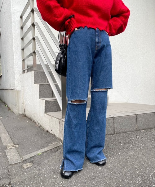 WHO'S WHO gallery（フーズフーギャラリー）の「カッティングデニム（デニムパンツ・レディース・ブラック/サックスブルー/ブルー/黄緑系/ダークブラック/キナリ/コバルトブルー・FREE）」の6枚目の写真