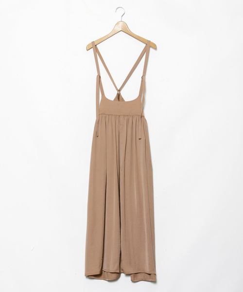 AS KNOW AS PINKY(アズノゥアズピンキー)の「サテンでギャザージャンスカ(ジャンパースカート・レディース・カーキ/ブラック/ブラウン・FREE)」の3枚目の写真