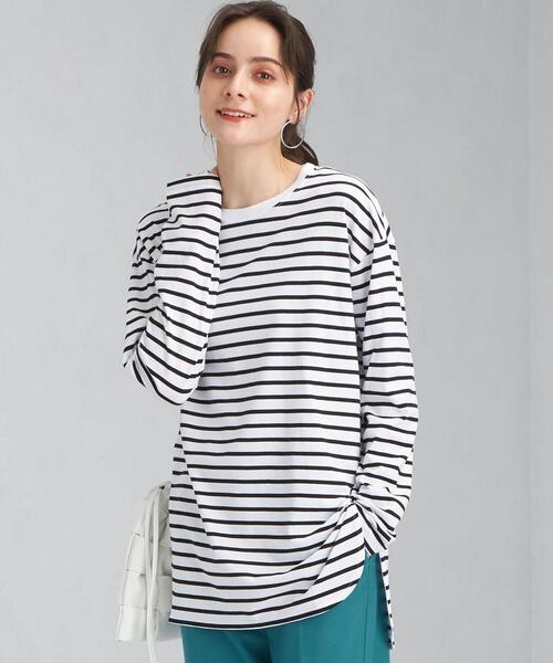 green label relaxing(グリーンレーベルリラクシング)の「スソ ラウンド テール ロングスリーブ プルオーバー カットソー Tシャツ ボーダー(Tシャツ/カットソー・レディース・ホワイト/ブラック/その他1/モカ・FREE)」の4枚目の写真