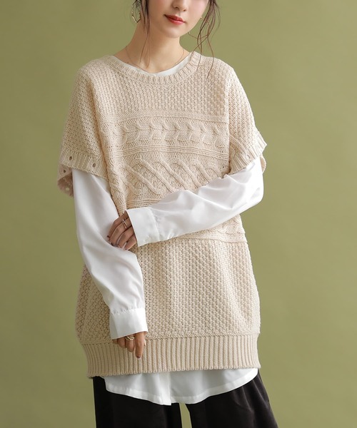 osharewalker（オシャレウォーカー）の「【廃盤】『袖丈2wayケーブルニット』（ニット/セーター・レディース・パープル/アイボリー/チャコール・FREE）」の4枚目の写真