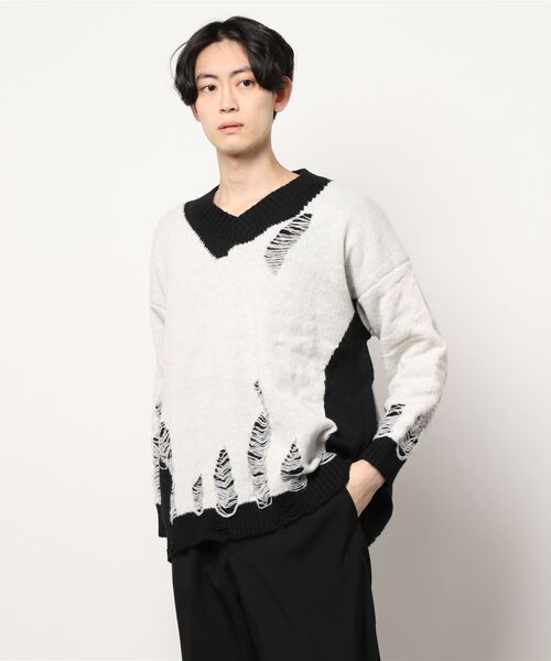 HOOK(フック)の「【HOOK】ダメージ加工無地ニット風スウェット(ニット/セーター・メンズ・ホワイト・M/L/XL)」の12枚目の写真