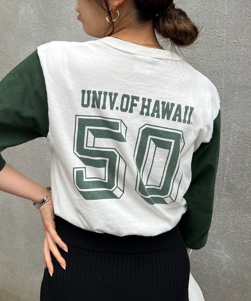 GOOD ROCK SPEED（グッドロックスピード）の「COLLEGE BASEBALL TEE（Tシャツ/カットソー・レディース・ブラック/ネイビー/グリーン/ボルドー・FREE）」の3枚目の写真