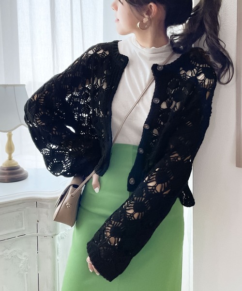 mily bilet（ミウィビレット）の「【mily bilet】程よい大人の甘さ。透かし編み2wayクロシェニットショート丈カーディガン（カーディガン/ボレロ・レディース・アイボリー/グリーン/ブラック・MEDIUM/SMALL/LARGE/X-LARGE）」の6枚目の写真