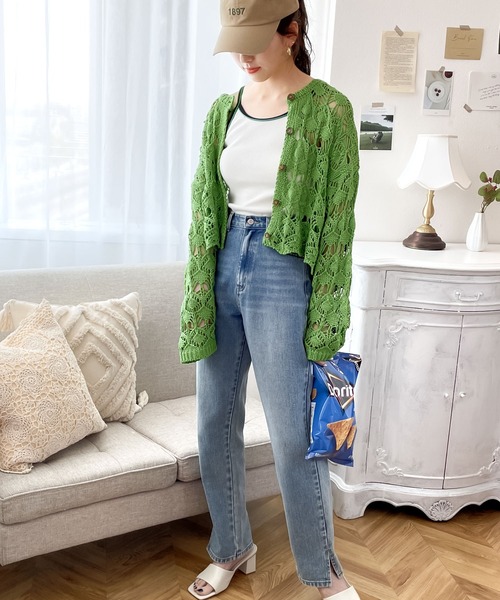 mily bilet（ミウィビレット）の「【mily bilet】程よい大人の甘さ。透かし編み2wayクロシェニットショート丈カーディガン（カーディガン/ボレロ・レディース・アイボリー/グリーン/ブラック・MEDIUM/SMALL/LARGE/X-LARGE）」の4枚目の写真