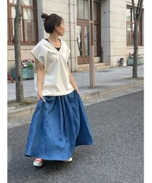 Linen denim flare skirt