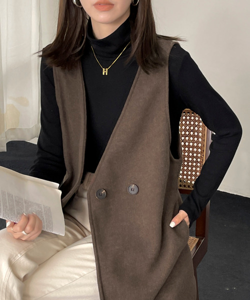 BANNER SELECT(バナーセレクト)の「ウールライク ノーカラーロングベストコート ジレ(ベスト・レディース・ブラウン/ホワイト/ブラック/ダークブラウン・M/L)」の14枚目の写真