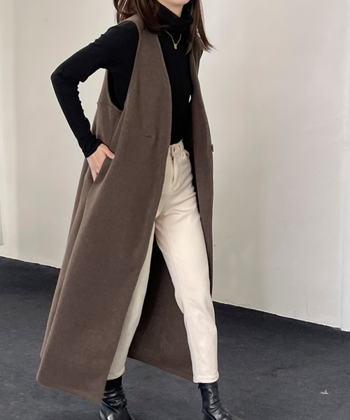 BANNER SELECT(バナーセレクト)の「ウールライク ノーカラーロングベストコート ジレ(ベスト・レディース・ブラウン/ホワイト/ブラック/ダークブラウン・M/L)」の20枚目の写真