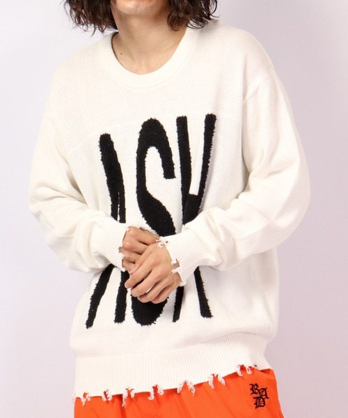 RE730（アールイーセブンサーティー）の「RE730 ビッグロゴ英字クルーネック ワイドセーター（ニット/セーター・メンズ・ブラック/オフホワイト・M/L）」の7枚目の写真