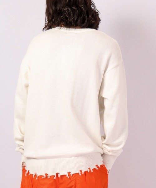 RE730（アールイーセブンサーティー）の「RE730 ビッグロゴ英字クルーネック ワイドセーター（ニット/セーター・メンズ・ブラック/オフホワイト・M/L）」の3枚目の写真