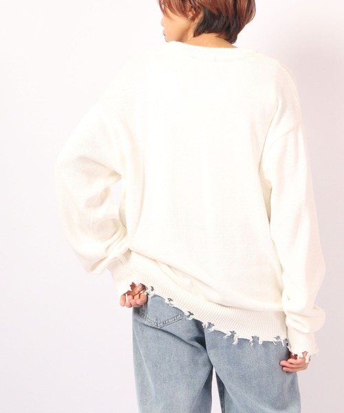 RE730（アールイーセブンサーティー）の「RE730 ビッグロゴ英字クルーネック ワイドセーター（ニット/セーター・メンズ・ブラック/オフホワイト・M/L）」の21枚目の写真