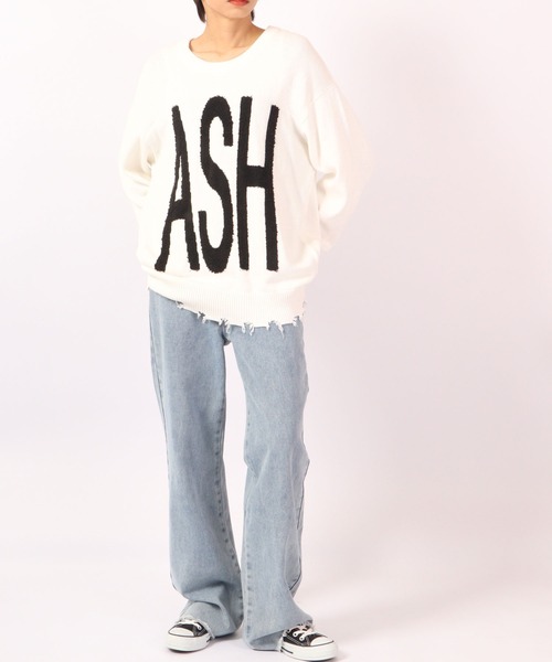 RE730（アールイーセブンサーティー）の「RE730 ビッグロゴ英字クルーネック ワイドセーター（ニット/セーター・メンズ・ブラック/オフホワイト・M/L）」の22枚目の写真