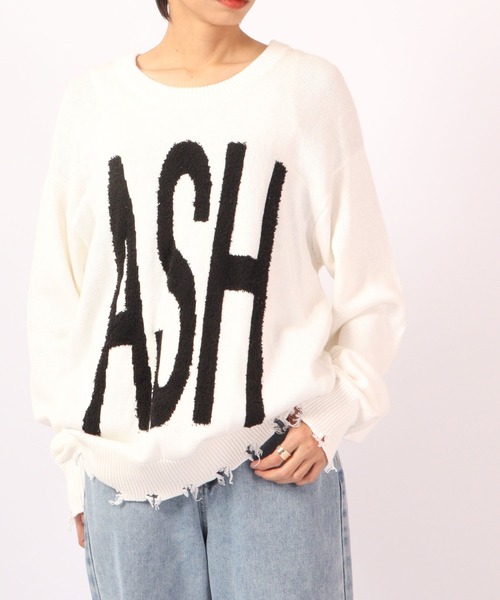 RE730（アールイーセブンサーティー）の「RE730 ビッグロゴ英字クルーネック ワイドセーター（ニット/セーター・メンズ・ブラック/オフホワイト・M/L）」の18枚目の写真