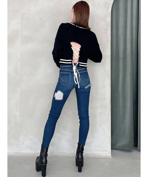 GYDA(ジェイダ)の「ミドルウエスト BOTH RIPPED スキニーデニムパンツ(デニムパンツ・レディース・インディゴブルー/ブルー・X-SMALL/SMALL/MEDIUM)」の5枚目の写真