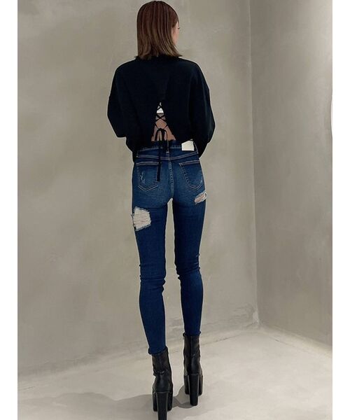 GYDA(ジェイダ)の「ミドルウエスト BOTH RIPPED スキニーデニムパンツ(デニムパンツ・レディース・インディゴブルー/ブルー・X-SMALL/SMALL/MEDIUM)」の9枚目の写真