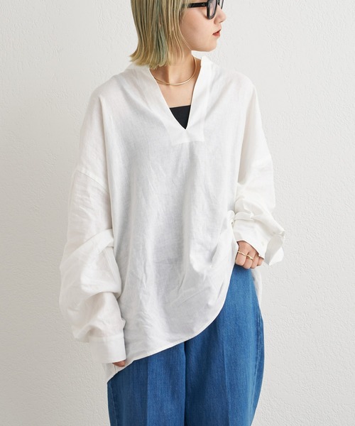 CIAOPANIC TYPY（チャオパニックティピー）の「リネンレーヨンバンドカラースキッパービッグシャツ（シャツ/ブラウス・メンズ・ブラック/ブルー/オフホワイト・MEDIUM/LARGE）」の12枚目の写真