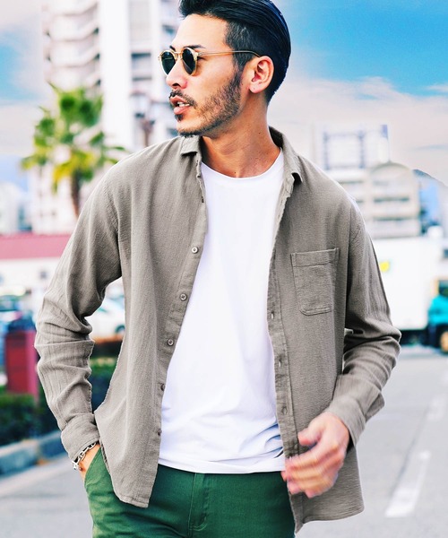 jiggys shop（ジギーズショップ）の「ストレッチ綿麻 長袖パナマ リネンシャツ（シャツ/ブラウス・メンズ・ブルー系その他/グレー系その他2/ブルー系その他3/グレー系その他4/ブルー系その他2/ベージュ系その他/ホワイト系その他/グレー系その他/グレー系その他3/ホワイト系その他2・MEDIUM/X-LARGE/SMALL/LARGE）」の5枚目の写真