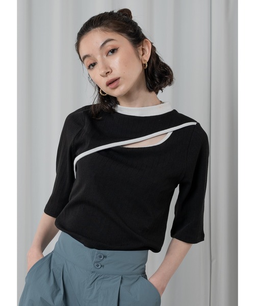 Adoon plain(アドーンプレーン)の「バイカラーネックスリットトップス(Tシャツ/カットソー・レディース・ブラック×ピンク/ブラック×ブルー/ブラック×ホワイト・FREE)」の19枚目の写真