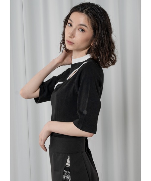 Adoon plain(アドーンプレーン)の「バイカラーネックスリットトップス(Tシャツ/カットソー・レディース・ブラック×ピンク/ブラック×ブルー/ブラック×ホワイト・FREE)」の14枚目の写真