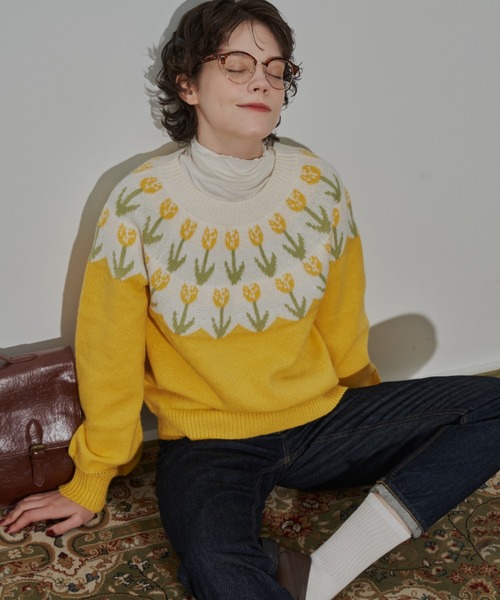 MERLOT（メルロー）の「チューリップニット（ニット/セーター・レディース・イエロー/ワイン/ネイビー・FREE）」の5枚目の写真