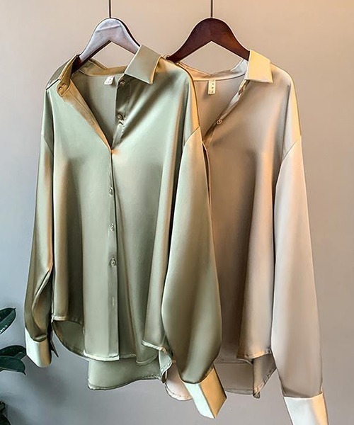gossip!ロサンゼルス(ゴシップロサンゼルス)の「YUGA サテン 長袖シャツ(シャツ/ブラウス・レディース・ホワイト/ベージュ/ブラック/グリーン・L/M)」の4枚目の写真