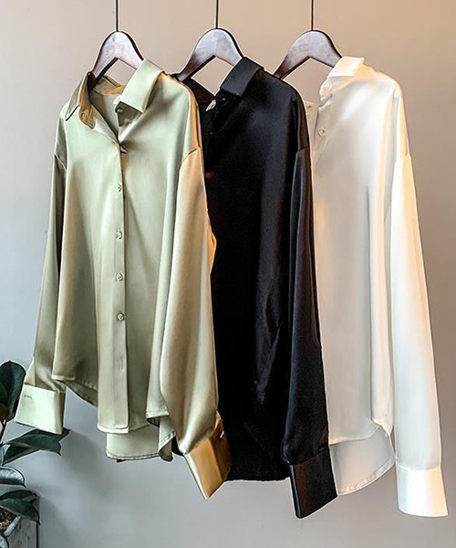 gossip!ロサンゼルス(ゴシップロサンゼルス)の「YUGA サテン 長袖シャツ(シャツ/ブラウス・レディース・ホワイト/ベージュ/ブラック/グリーン・L/M)」の11枚目の写真