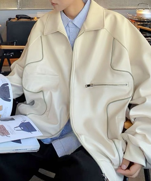 Theater code（シアターコード）の「▲piping design leather jacket/パイピングデザイン フェイクレザー ジャケット ブルゾン（ライダースジャケット・メンズ・クリーム/ブラック・XL/L）」の7枚目の写真