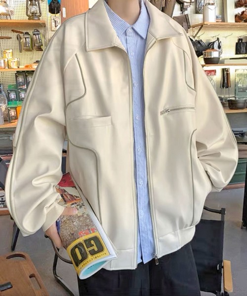Theater code（シアターコード）の「▲piping design leather jacket/パイピングデザイン フェイクレザー ジャケット ブルゾン（ライダースジャケット・メンズ・クリーム/ブラック・XL/L）」の5枚目の写真