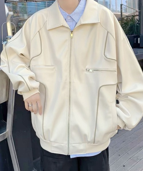 Theater code（シアターコード）の「▲piping design leather jacket/パイピングデザイン フェイクレザー ジャケット ブルゾン（ライダースジャケット・メンズ・クリーム/ブラック・XL/L）」の6枚目の写真