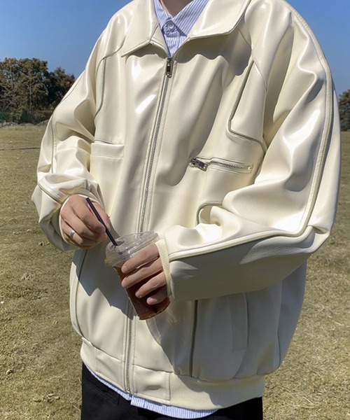 Theater code（シアターコード）の「▲piping design leather jacket/パイピングデザイン フェイクレザー ジャケット ブルゾン（ライダースジャケット・メンズ・クリーム/ブラック・XL/L）」の9枚目の写真