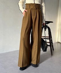 ベルト付き起毛ハイウエストタックパンツ